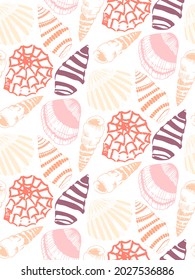 Cute vector seamless pattern with colorful seashells on white background. Decorative ornament for wallpaper, wrapping, fabrics, postcard design.