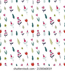 Cute vector seamless pattern with colorful flowers and berries in folk style