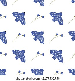 Cute vector seamless pattern with colorful birds in folk style