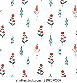 Cute vector seamless pattern with colorful flowers and berries in folk style