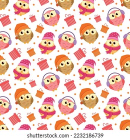 Cute vector seamless pattern with colorful owls and gifts on white background