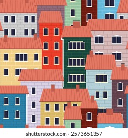 Cute vector seamless pattern of colorful city buildings with shingle red roofs and brick walls. City streets illustration