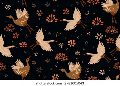 Cute vector seamless pattern. Colorful botanical elements - flowers, birds, leaves - isolated on brown background. Unique abstract texture for invitations, cards, websites, wrapping paper, textile