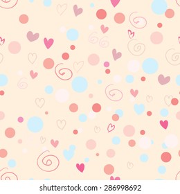 Cute vector seamless pattern with colorful spirals, hearts and dots. Neutral background in delicate pink, beige and violet colors for your design.