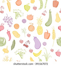 Cute vector seamless pattern with colorful doodles of fruits, berries and vegetables. Hand drawn elements on white background. Simple backdrop with colorful objects for your design.