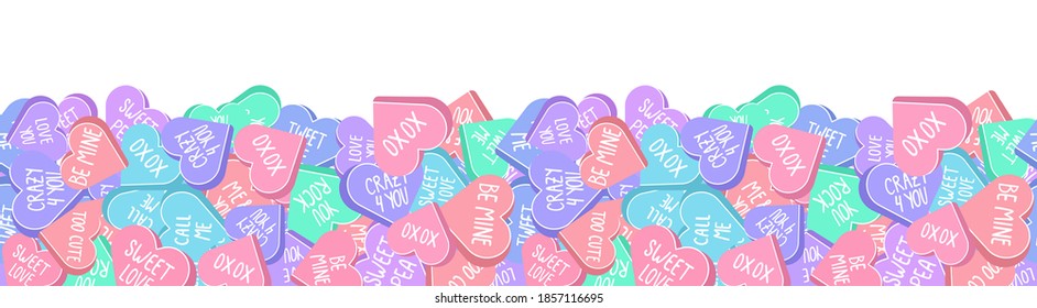 Cute vector seamless pattern with conversation hearts. Saint Valentines Day sweethearts repeatable frame.