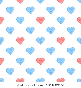 Cute vector seamless pattern with conversation hearts for Valentine day. Red and blue sweethearts background for February, 14 holiday.