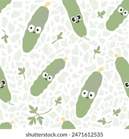 Lindo Vector sin patrón con pepinos. Ornamento de verduras sonrientes. Vector de fondo de dibujos animados para papel, tela, impresión textil.