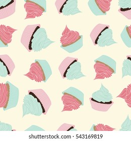 Cute vector seamless pattern with cupcakes on light yellow background