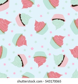 Cute vector seamless pattern with cupcakes and stars on light blue background
