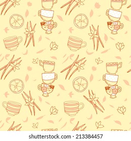 Cute vector seamless pattern with cups of green tea with vanilla flowers and lemon