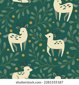 Cute vector seamless pattern with deer and floral elements. Cartoon beautiful background.