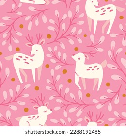 Cute vector seamless pattern with deer and floral elements. Cartoon beautiful background.