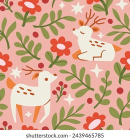 Cute vector seamless pattern with deer and floral elements. Cartoon beautiful background.