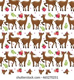 cute vector seamless pattern with deer and flowers