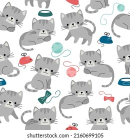 Cute vector seamless pattern with difference cats. Pattern for printing on fabric, clothing, wrapping paper, wallpaper for a kids room, baby things.