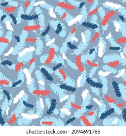 Cute vector seamless pattern with different silhouettes of bird feathers. Repeating background for boys and girls. Blank for printing on fabrics and paper