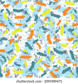 Cute vector seamless pattern with different silhouettes of bird feathers. Repeating background for boys and girls. Blank for printing on fabrics and paper