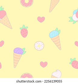 Cute vector seamless pattern with different ice creams, hearts, doughnuts and strawberries on a yellow background