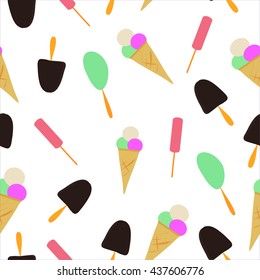 Cute vector seamless pattern with different colorful ice creams, perfect illustration for fabric texture, wrapping and wall paper, food background texture