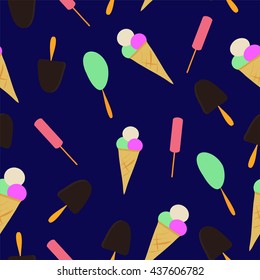 Cute vector seamless pattern with different colorful ice creams, perfect illustration for fabric texture, wrapping and wall paper, food background texture