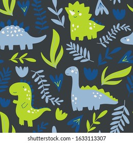 Cute vector seamless pattern with dinosaurs character. Dino illustration on dark background in doodle childish style with plants and flowers. For childish design, concept and textile