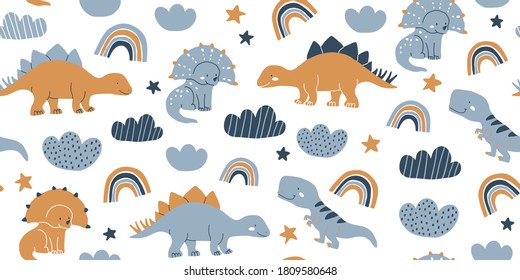 Hand Drawn Cute Dinosaurs Seamless Pattern Stock Vector (Royalty Free ...