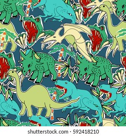 Cute vector seamless pattern. Dinosaurs Jurassic. Hand drawn.  