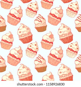 Cute vector seamless pattern in doodle style with cupcakes with fluffy whipped cream/ Colorful art for advertising, banners, leaflets and menu