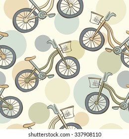 Cute vector seamless pattern with doodle bikes and circles in beige vintage colors on light background.