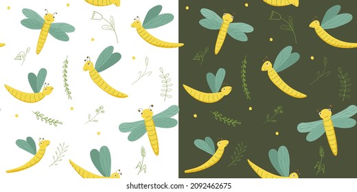Cute vector seamless pattern with dragonflirs. Hand drawn ornament for fabrics, linen, wrapping paper and other surface designs. Tender colors and cute elements for your design