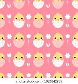 Cute vector seamless pattern with Easter chicks in eggs on pink background