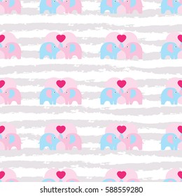Cute vector seamless pattern with elephants silhouette and hearts.  Pastel colors - pink and blue on stripes background.
