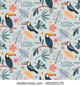 Cute vector seamless pattern with exotic birds, parrot, toucan and tropical plants. Endless background in childish style for fabric, textile, kids design.