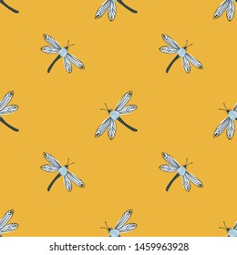 Cute vector seamless pattern for fabric design or wallpaper. Summer dragonfly on the yellow background.