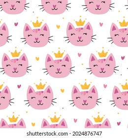 Cute vector seamless pattern with faces of pink cats in yellow crowns, hearts and dots. Hand drawn doodle style. For prints on children's textiles, clothes, wallpapers, wrapping paper, nursery, design