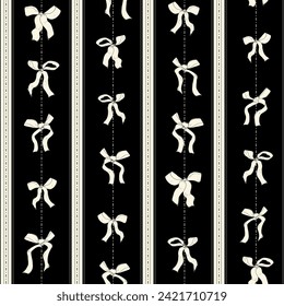 Cute vector seamless pattern featuring charming beige bows with a loose style on a black vertical stripes background. Girly pattern perfect for bedroom decoration and party themes with coquette style