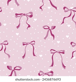 Cute vector seamless pattern featuring charming pink bows with a loose style on a pink polka dot and hearts background. Girly pattern perfect for decoration and party themes with coquette pink style