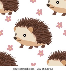 A cute vector seamless pattern featuring cartoon hedgehogs surrounded by pink flowers on a white background.