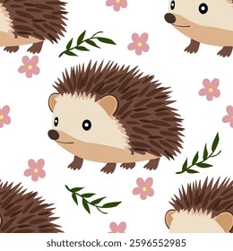 A cute vector seamless pattern featuring cartoon hedgehogs surrounded by pink flowers and green leaves on a white background.