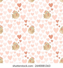 Cute vector seamless pattern featuring cartoon chicks and heart shapes on a light background