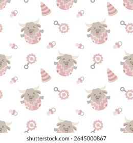 Cute vector seamless pattern featuring baby bulls with pink toys on a white background