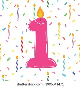 Cute vector seamless pattern for first  birthday. Number 1 candle with flame. Vector seamless pattern of candles and colorful confetti on white background. Lovely wallpaper for 1 years old children. 