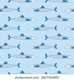 Cute vector seamless pattern with fish. Hand drawn illustration. Sardines in a sea-themed pattern. Pattern for fabric design, packaging, decoration. Fish of soft blue colors.