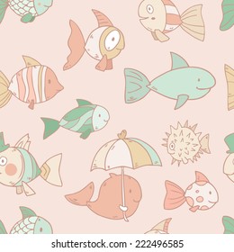 Cute vector seamless pattern with fishes