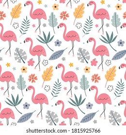 Cute vector seamless pattern with flamingo and tropical plants. Endless background in childish style for fabric, textile, kids design.