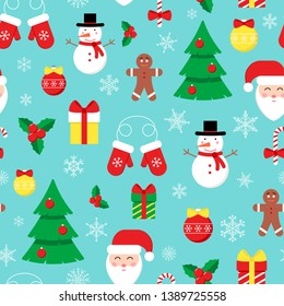 Cute vector seamless pattern with flat icons for Happy New Year and Christmas Day. Festive background with Santa Claus, Christmas tree, balls, gift box, snowflakes for print, decoration, wallpaper. 