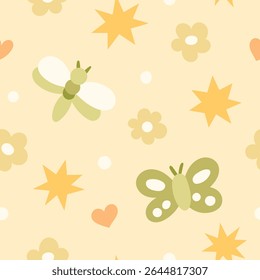 Cute vector seamless pattern with florals and moths. Hand drawn botanical illustration with whimsical colors. Modern texture for fashion print, fabric, textile.