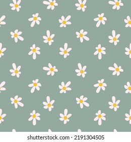 Cute vector seamless pattern with flowers on green background. illustration with pastel colors.