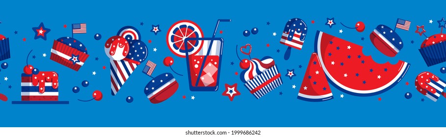 Cute vector seamless pattern with food, drink, cupcakes, ice cream, watermelon, macaron, stars. Patriotic background for 4th of July in USA, decor, textiles, tape, ribbon, banners, wrapping, wallpaper